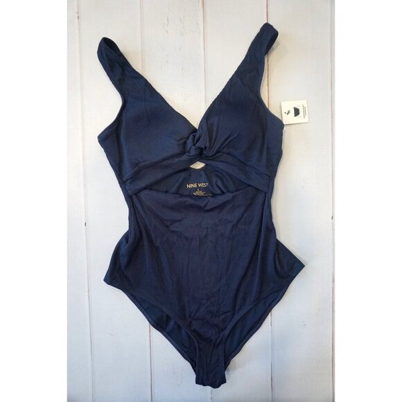 Nine West Blue Ribbed Twist Front One-Piece Swimsuit - Size L, NWT - Picture 1 of 9